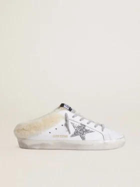 Super-Star Sabots in white leather with shearling lining and silver star