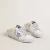 Super-Star Sabots in white leather with shearling lining and silver star