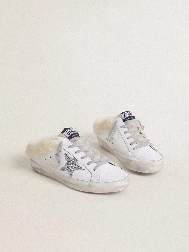 Super-Star Sabots in white leather with shearling lining and silver star