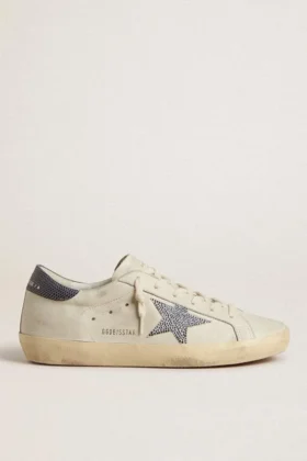 Super-Star with cream-colored leather star with Swarovski crystals and blue leather heel tab with lizard print