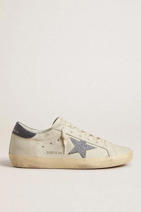 Super-Star with cream-colored leather star with Swarovski crystals and blue leather heel tab with lizard print