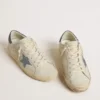 Super-Star with cream-colored leather star with Swarovski crystals and blue leather heel tab with lizard print