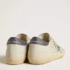 Super-Star with cream-colored leather star with Swarovski crystals and blue leather heel tab with lizard print