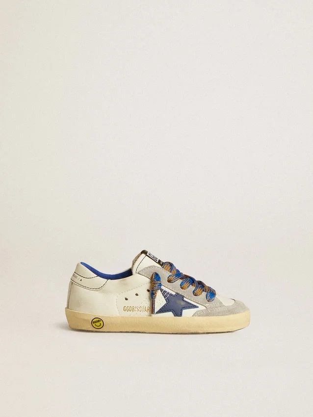 Super-Star Young with blue leather star and ice-gray suede inserts