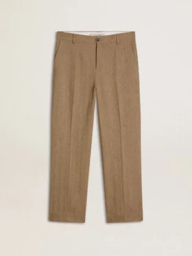 Tailored pants in sand-colored chevron linen blend