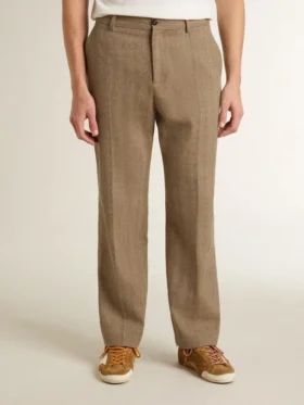 Tailored pants in sand-colored chevron linen blend