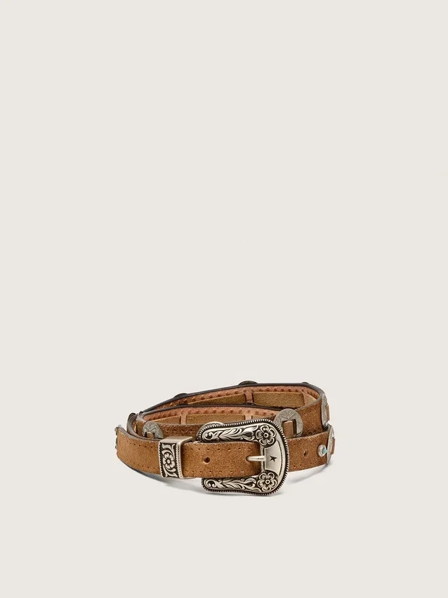 Thin Lace belt in hazelnut-colored nabuk with decorative inlays