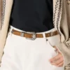 Thin Lace belt in hazelnut-colored nabuk with decorative inlays