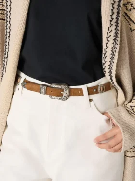 Thin Lace belt in hazelnut-colored nabuk with decorative inlays
