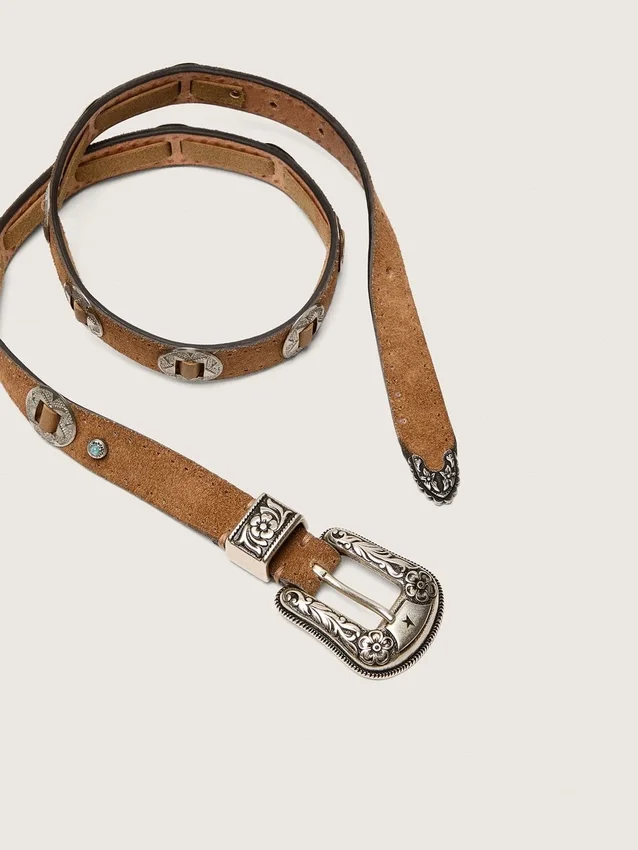 Thin Lace belt in hazelnut-colored nabuk with decorative inlays