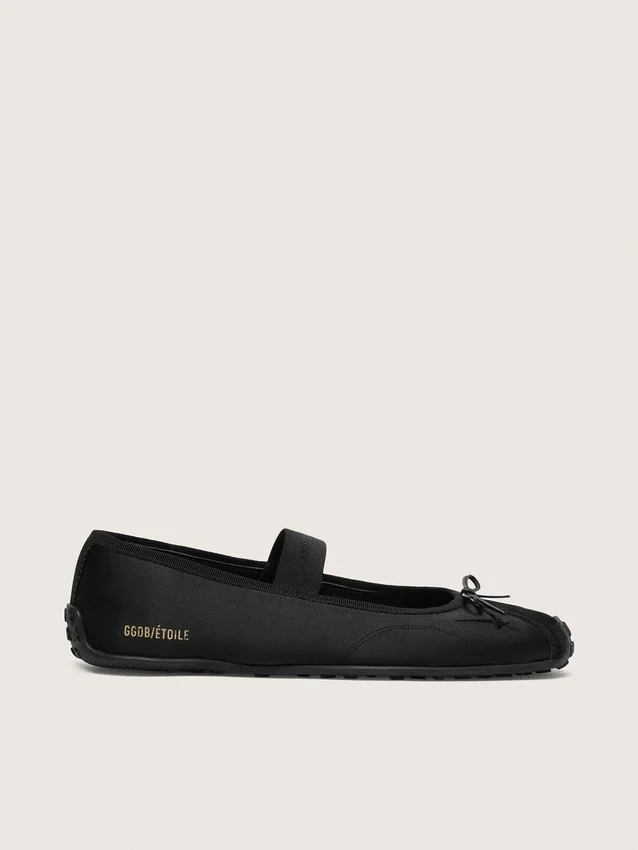 Étoile ballet flats in black satin with black embroidered star and elastic strap