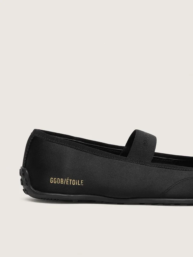 Étoile ballet flats in black satin with black embroidered star and elastic strap