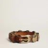 Trinidad belt in aged tan-colored leather with golden maxi studs