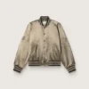 Unisex bomber jacket in green satin with ribbed hems and collar