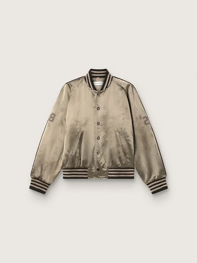 Unisex bomber jacket in green satin with ribbed hems and collar