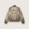 Unisex bomber jacket in green satin with ribbed hems and collar