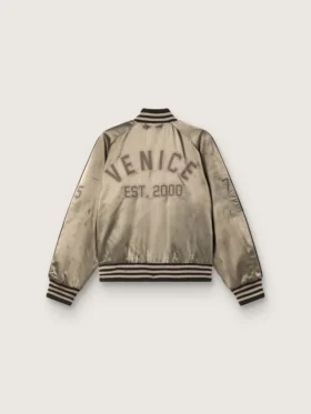 Unisex bomber jacket in green satin with ribbed hems and collar