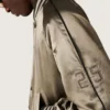 Unisex bomber jacket in green satin with ribbed hems and collar