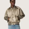 Unisex bomber jacket in green satin with ribbed hems and collar