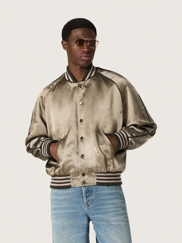 Unisex bomber jacket in green satin with ribbed hems and collar