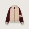 Unisex bomber jacket in white and burgundy jacquard knit