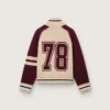 Unisex bomber jacket in white and burgundy jacquard knit