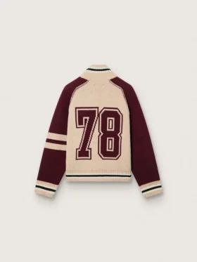 Unisex bomber jacket in white and burgundy jacquard knit