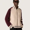 Unisex bomber jacket in white and burgundy jacquard knit