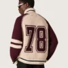 Unisex bomber jacket in white and burgundy jacquard knit
