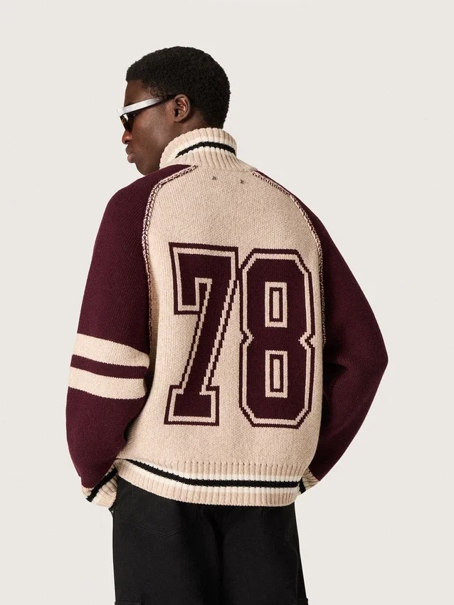Unisex bomber jacket in white and burgundy jacquard knit