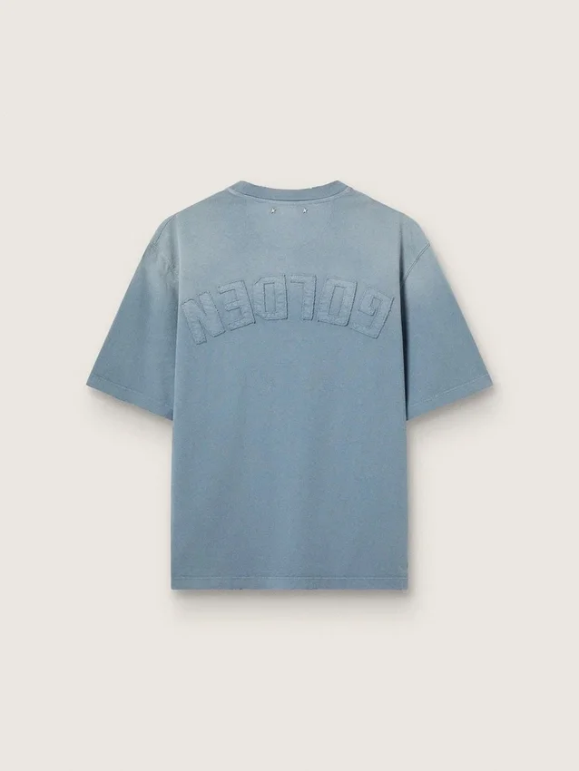 Unisex cotton T-shirt in baby blue with reverse print on the back