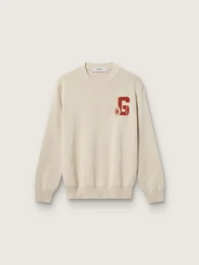 Unisex crew-neck sweater in beige cotton with patch on the front and logo on the back