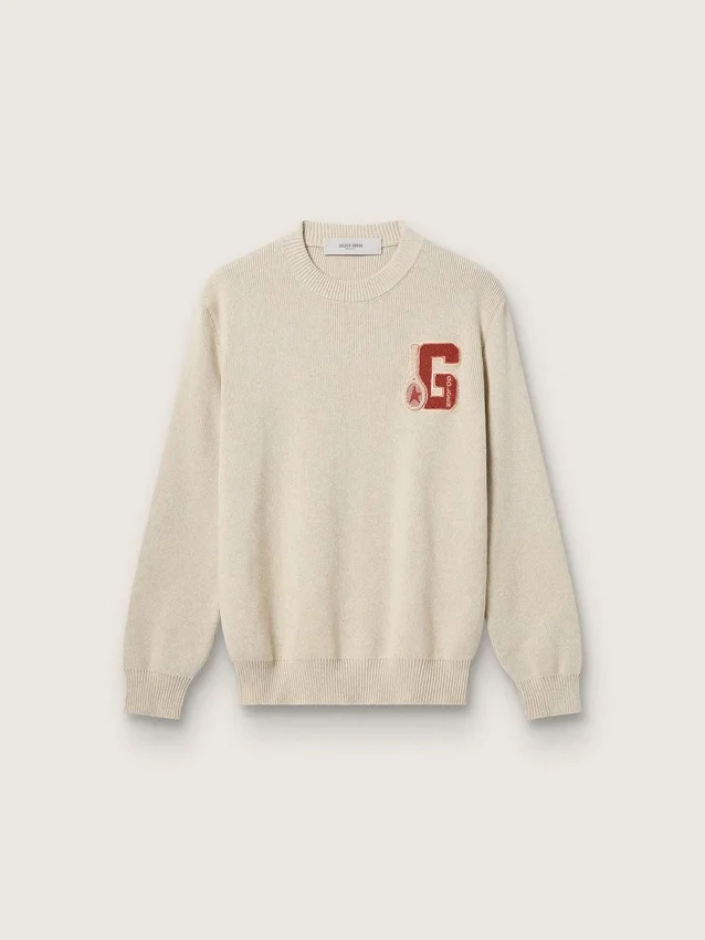 Unisex crew-neck sweater in beige cotton with patch on the front and logo on the back