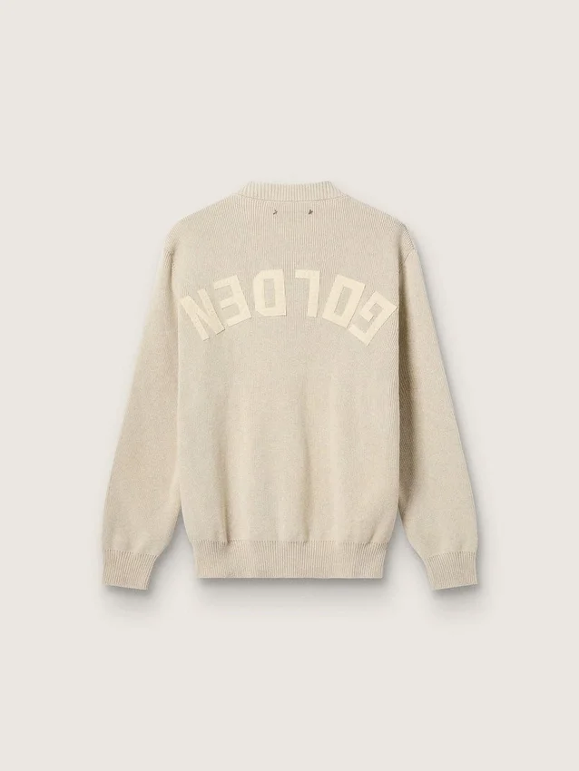 Unisex crew-neck sweater in beige cotton with patch on the front and logo on the back
