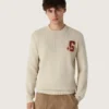 Unisex crew-neck sweater in beige cotton with patch on the front and logo on the back