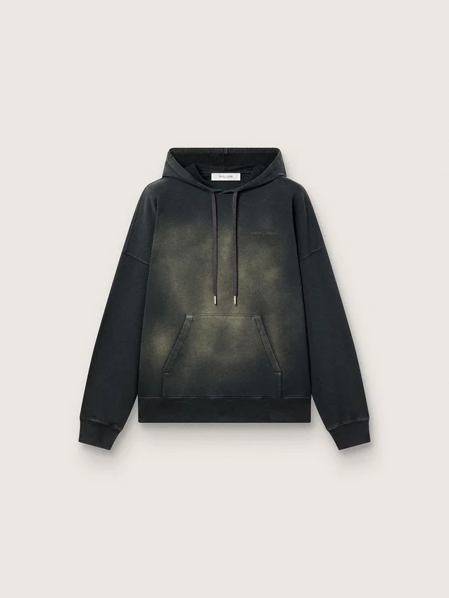 Unisex hooded sweatshirt in black cotton with a bleached effect