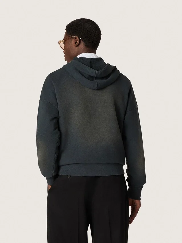 Unisex hooded sweatshirt in black cotton with a bleached effect