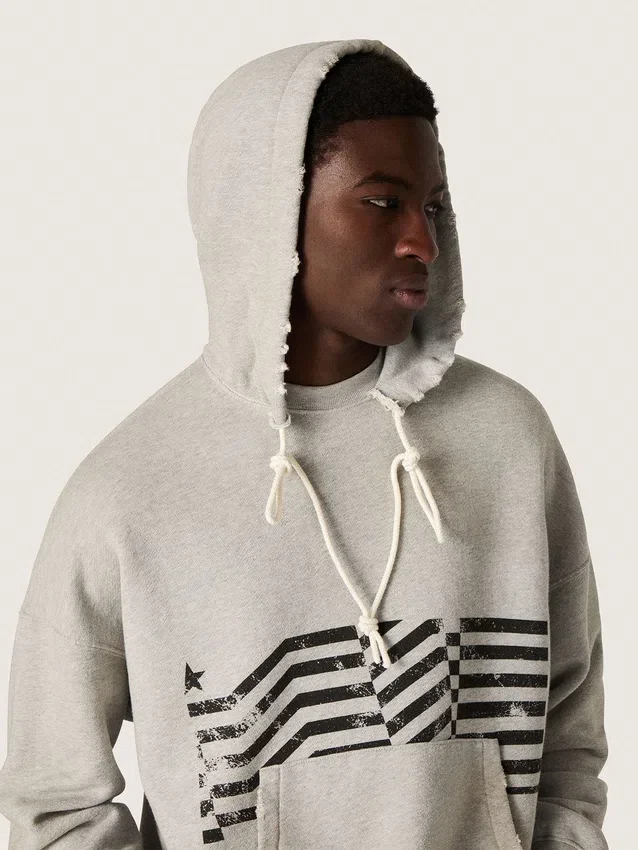 Unisex hooded sweatshirt in gray cotton with vintage flag print