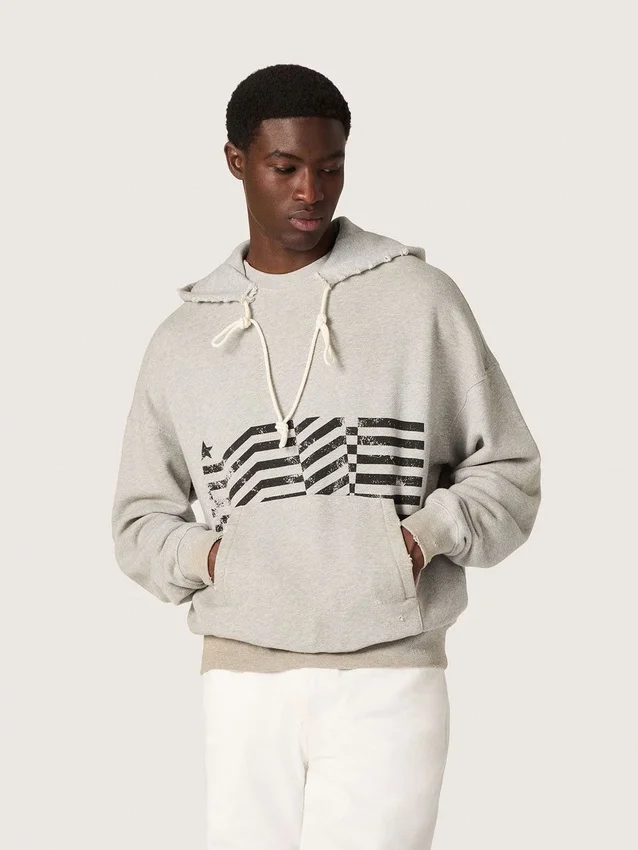 Unisex hooded sweatshirt in gray cotton with vintage flag print