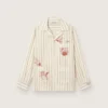 Unisex shirt in ecru and sand striped cotton and linen with embroidery