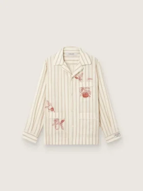 Unisex shirt in ecru and sand striped cotton and linen with embroidery