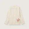 Unisex shirt in ecru and sand striped cotton and linen with embroidery
