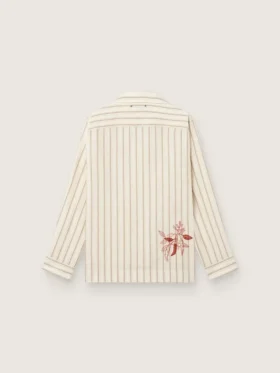 Unisex shirt in ecru and sand striped cotton and linen with embroidery