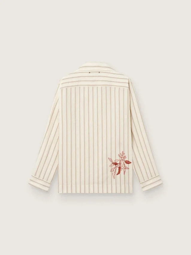 Unisex shirt in ecru and sand striped cotton and linen with embroidery