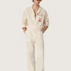 Unisex shirt in ecru and sand striped cotton and linen with embroidery