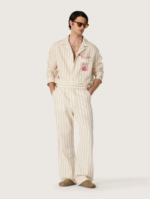 Unisex shirt in ecru and sand striped cotton and linen with embroidery