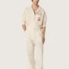 Unisex shirt in ecru and sand striped cotton and linen with embroidery