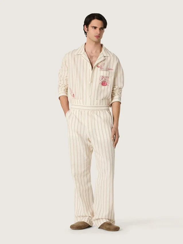 Unisex shirt in ecru and sand striped cotton and linen with embroidery