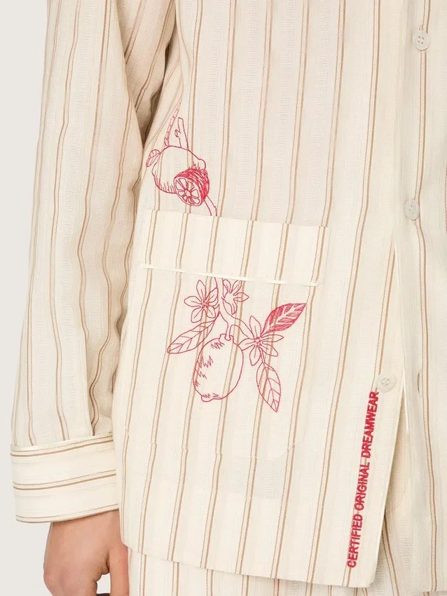 Unisex shirt in ecru and sand striped cotton and linen with embroidery