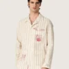Unisex shirt in ecru and sand striped cotton and linen with embroidery